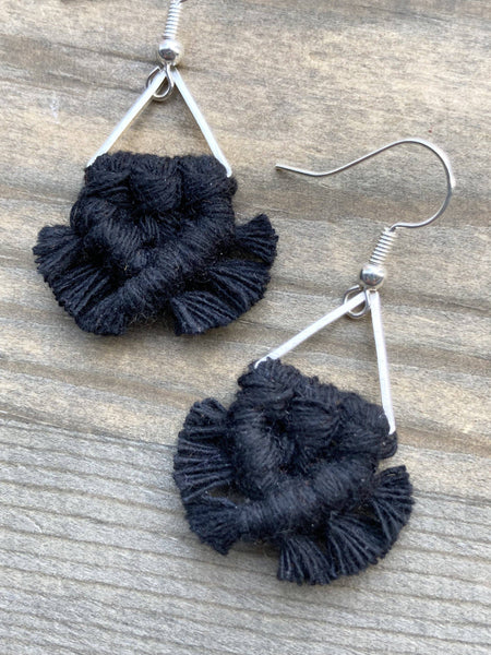 HK Macrame Jewelry - Micro Triangle Fringe Earrings - Black & Silver