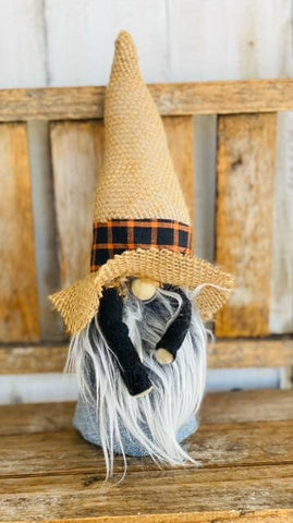 A Gnome on the Roam - Fall Farmer Gnome, blue jean overalls and burlap hat