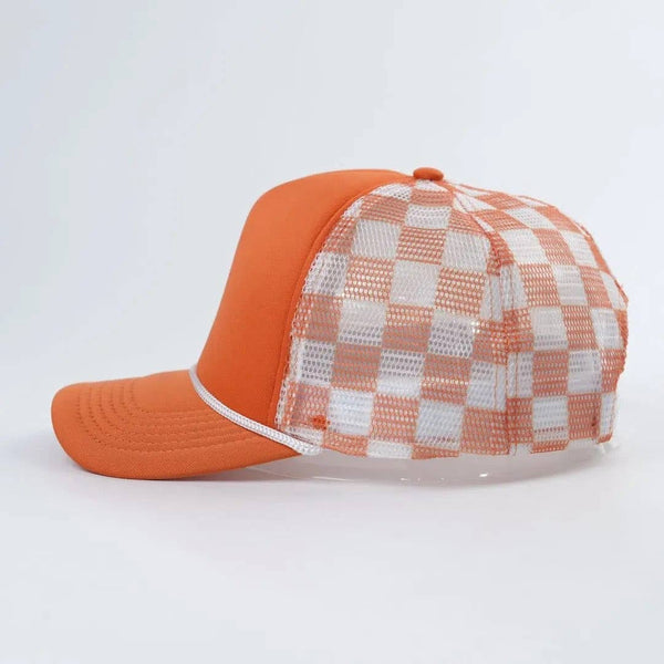 Trendy Transfers - Orange & White Checkered Foam Trucker Hat