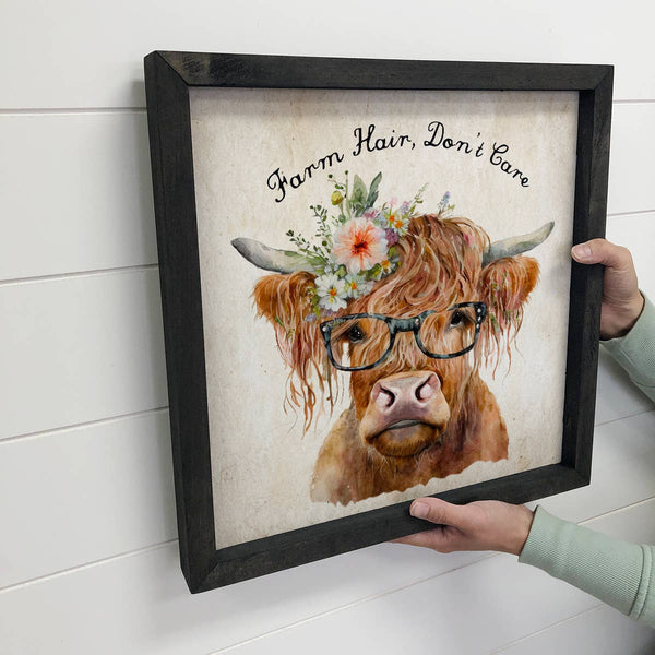 Farm Hair Don't Care - Funny Cow Art - Farm Animal Wall Art: 6x6" Mini Canvas Art with Wood Box Frame