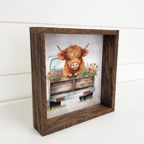 Hangout Home - Highland Cow and Flowers in Truck - Cute Farm Animal Art: 6x6" Mini Canvas Art with Wood Box Frame