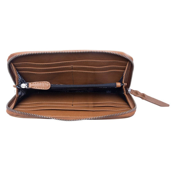 Myra Bag - Sunset Ridge Handtooled Hairon Leather Wallet in Honey Snow