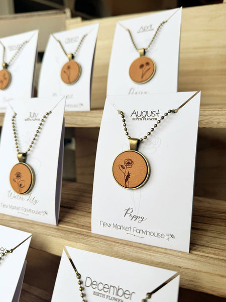 New Market Farmhouse - Birth Month Flower Necklaces - Leather Pendant Necklace Set