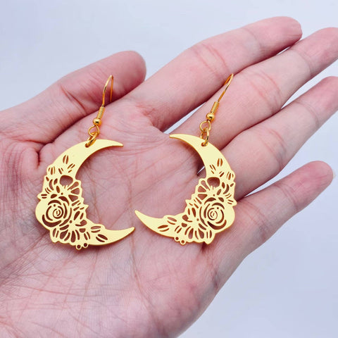 Mio Queena - Golden Hollow Out Rose Pattern Moon Earrings - MS