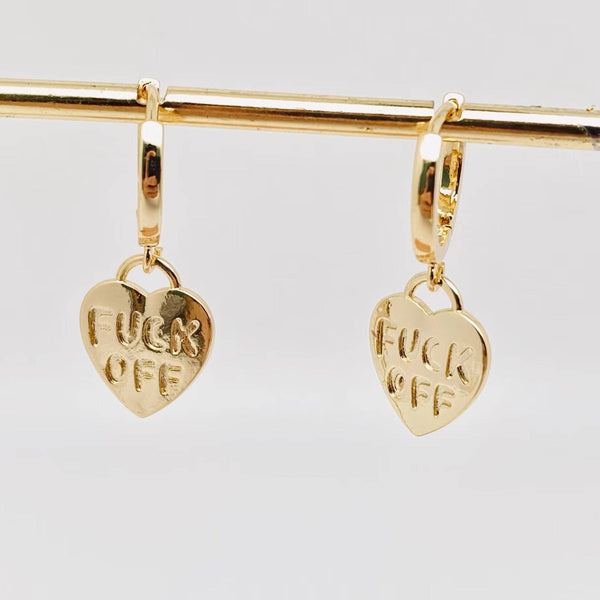 Mio Queena - "Fuck off" Heart-shaped Gold Plated Huggie Earrings