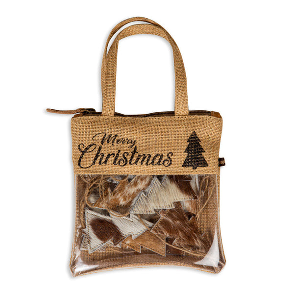 Christmas Tree Hair-on Hide Ornament Set in Brown- MYRA