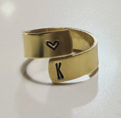 Custom Initial Heart Wrap Ring - Hand Stamped