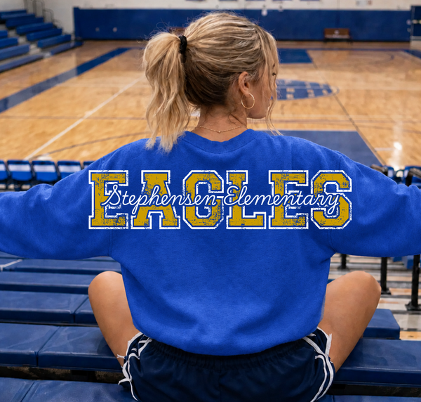 STEPHENSEN ELEMENTARY - OVERSIZED VARSITY BACK PRINT + LC - VINTAGE CREWNECK SWEATSHIRT - ROYAL BLUE