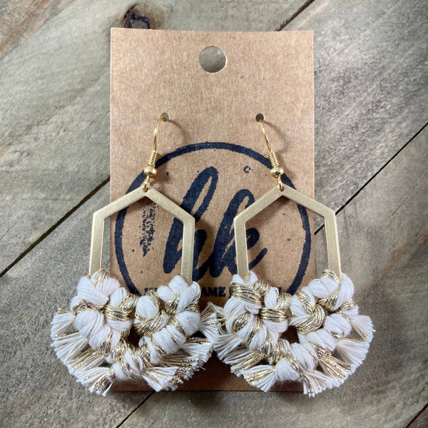 HK Macrame Jewelry - Geometric Fringe Earrings - Natural & Gold