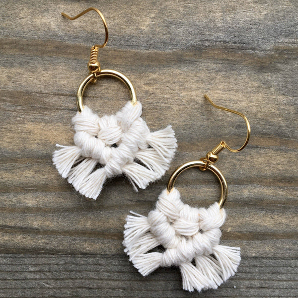 HK Macrame Jewelry - Micro Fringe Round Earrings - Natural & Gold