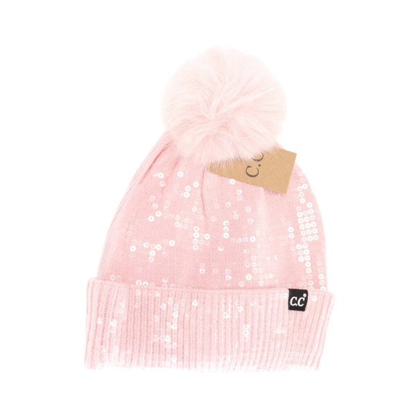 C.C Beanie - Allover Clear Sequin Faux Fur Pom C.C Beanie HTC0044