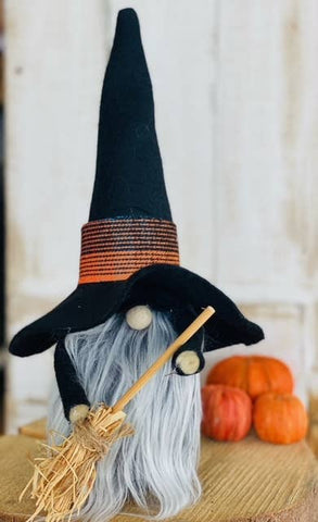 A Gnome on the Roam - Handmade Witch Gnome black felt, broom, hat, fuzzy beard