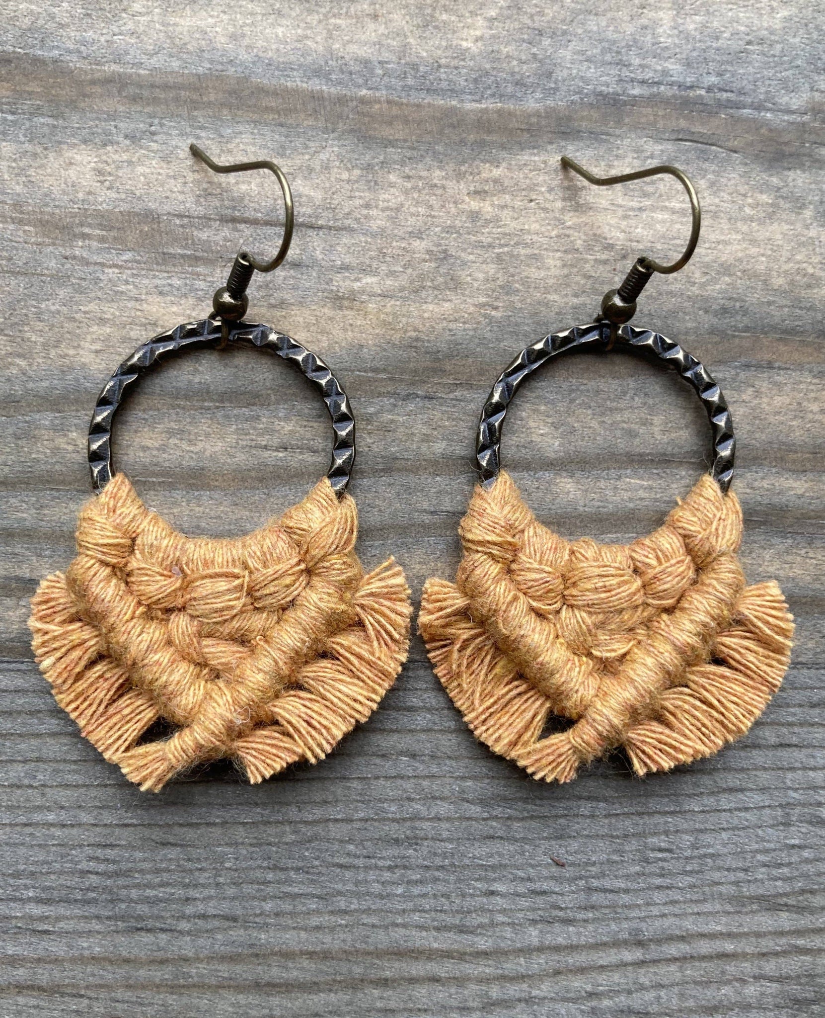 HK Macrame Jewelry - Small Square Fringe Earrings - Marigold & Bronze