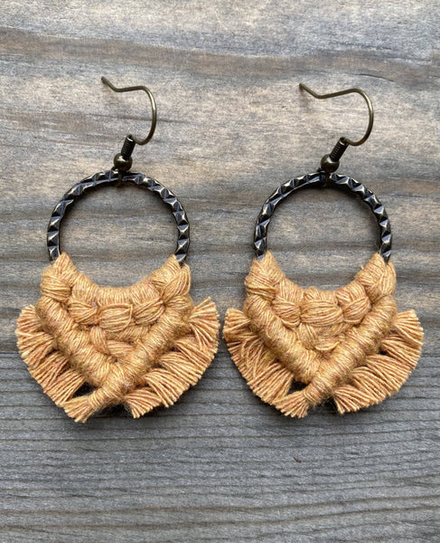 HK Macrame Jewelry - Small Square Fringe Earrings - Marigold & Bronze