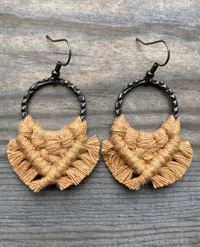 HK Macrame Jewelry - Small Square Fringe Earrings - Marigold & Bronze