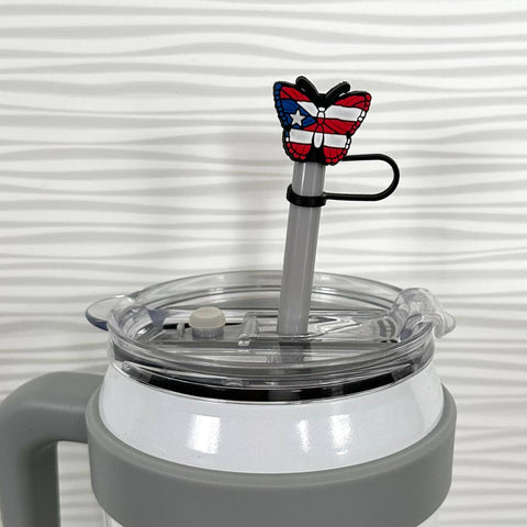 iconic mi - Straw Cover Topper American Flag Butterfly USA 10mm