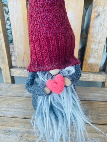 A Gnome on the Roam - Valentine's Day Gnome, Soft maroon sweater with felt heart