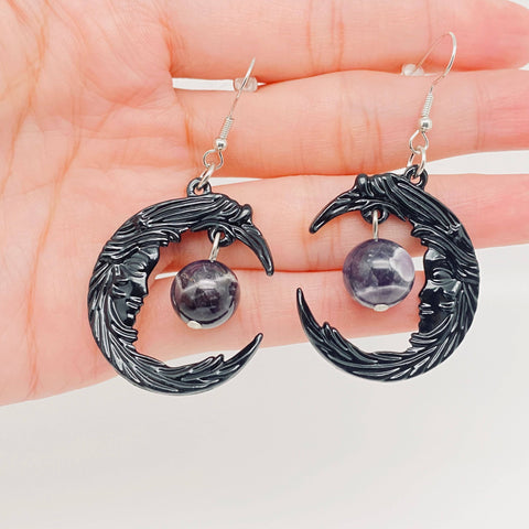 Mio Queena - Gothic Face Black Crescent Purple Bead Earrings - MS/GT