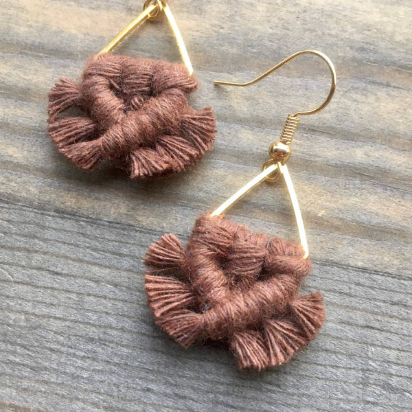 HK Macrame Jewelry - Micro Fringe Triangle Earrings - Brown & Gold