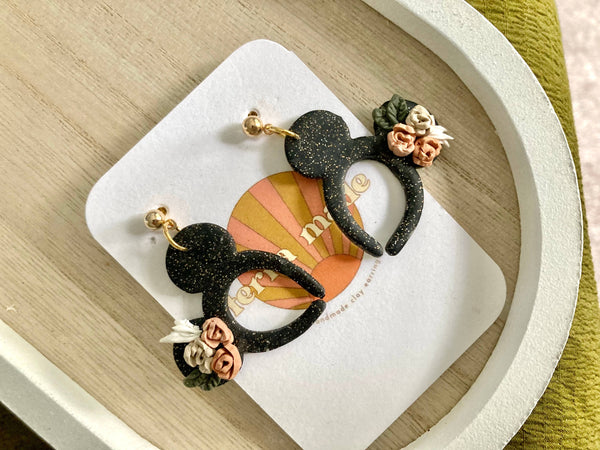 Terra Made - Glittery black floral Mickey ears dangle earrings