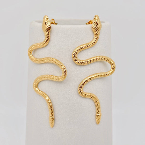 Mio Queena - Long Snake 18K Gold Plated Stainless Steel Post Earrings-FGS