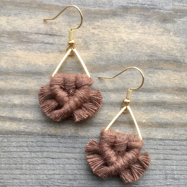 HK Macrame Jewelry - Micro Fringe Triangle Earrings - Brown & Gold