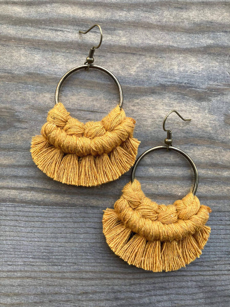HK Macrame Jewelry - Small Round Fringe Earrings - Mustard & Bronze