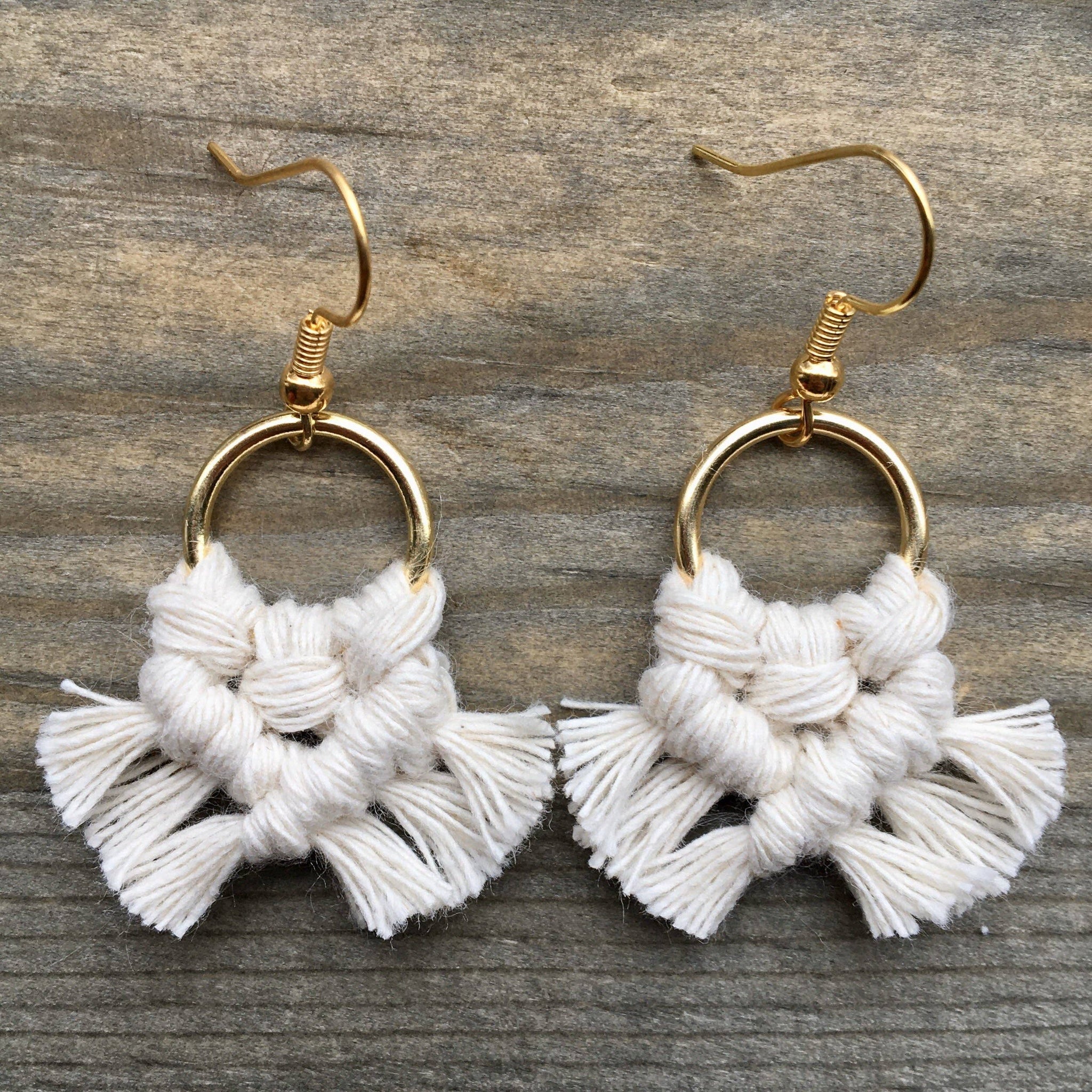 HK Macrame Jewelry - Micro Fringe Round Earrings - Natural & Gold