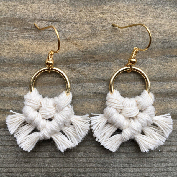 HK Macrame Jewelry - Micro Fringe Round Earrings - Natural & Gold