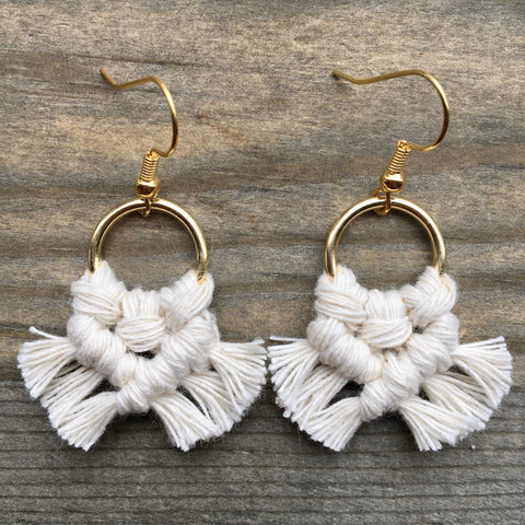 HK Macrame Jewelry - Micro Fringe Round Earrings - Natural & Gold