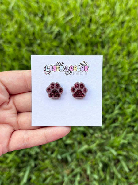 Laser & Color Designs LLC - Glitter Paw Print Studs, Mascot Studs, Team Spirit