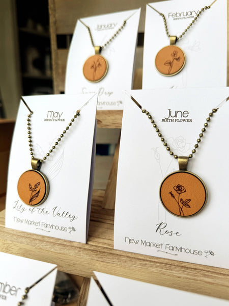 New Market Farmhouse - Birth Month Flower Necklaces - Leather Pendant Necklace Set