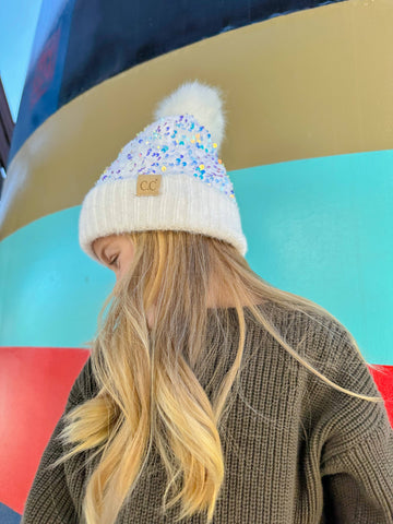 C.C Beanie - KIDS Cluster Sequin Faux Fur Pom C.C Beanie KDHTE0012