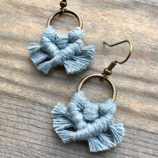 HK Macrame Jewelry - Micro Fringe Round Earrings - Laurel Green & Bronze