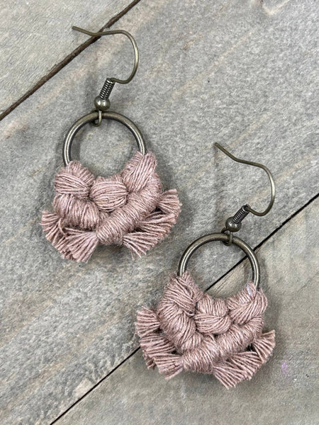 HK Macrame Jewelry - Micro Fringe Round Earrings - Mocha & Bronze