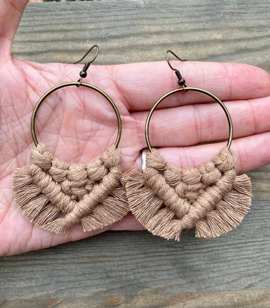 HK Macrame Jewelry - Large Square Knot Earrings - Mocha & Bronze
