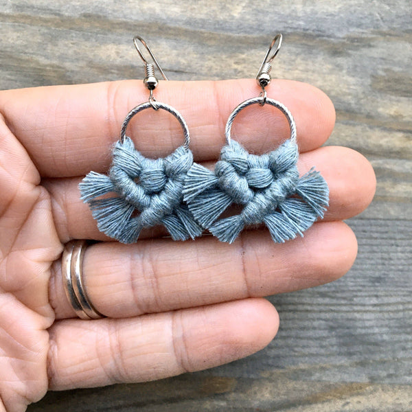 HK Macrame Jewelry - Micro Fringe Round Earrings - Laurel Green & Silver