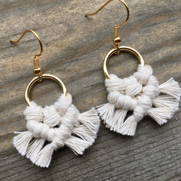 HK Macrame Jewelry - Micro Fringe Round Earrings - Natural & Gold