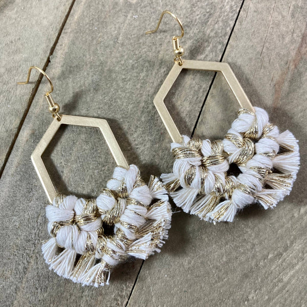 HK Macrame Jewelry - Geometric Fringe Earrings - Natural & Gold
