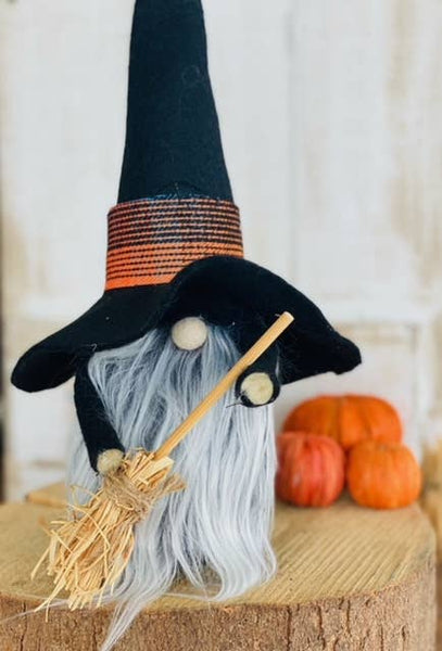 A Gnome on the Roam - Handmade Witch Gnome black felt, broom, hat, fuzzy beard