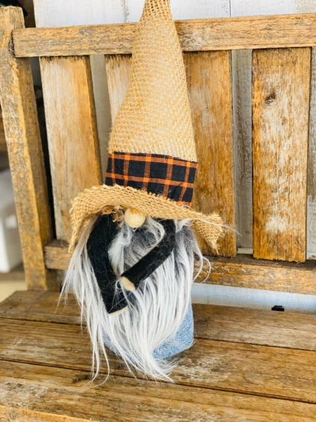 A Gnome on the Roam - Fall Farmer Gnome, blue jean overalls and burlap hat