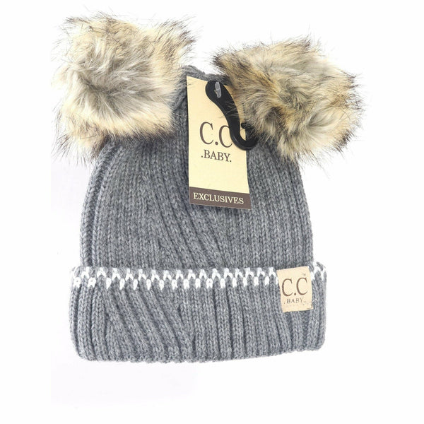 C.C Beanie - Baby Solid Knit Double Fur Pom Beanie - Newborn