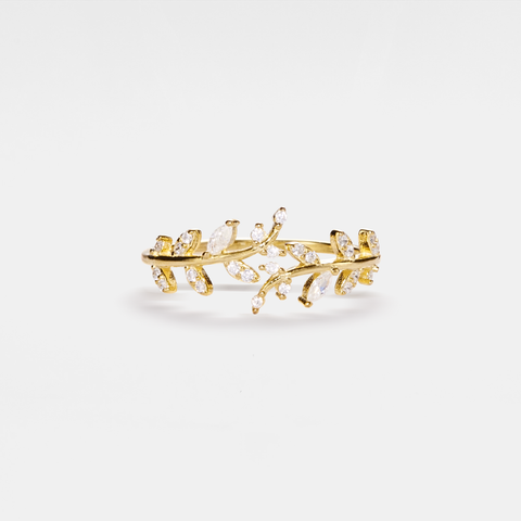 Perimade & Co. LLC - Gold Olive Tree Leaf Branch Band Ring in 925 Sterling Silver
