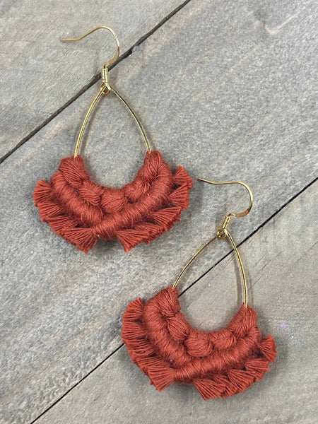 HK Macrame Jewelry - Small Teardrop Fringe Earrings - Cider Orange & Gold