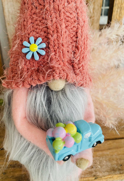 A Gnome on the Roam - Pastel Spring Easter gnome with blue truck, tier tray decor