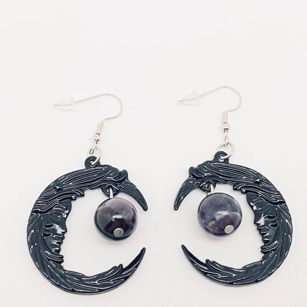 Mio Queena - Gothic Face Black Crescent Purple Bead Earrings - MS/GT