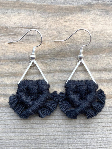 HK Macrame Jewelry - Micro Triangle Fringe Earrings - Black & Silver