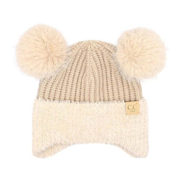 C.C Beanie - Kids Faux Fur Earflap Double Pom C.C Beanie KDHTE0108