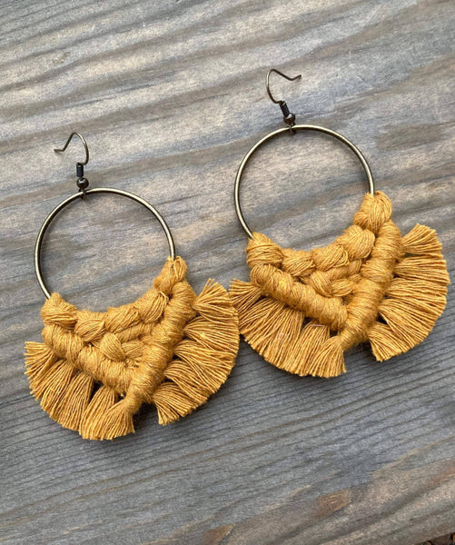HK Macrame Jewelry - Large Fringe Earrings - Mustard & Bronze