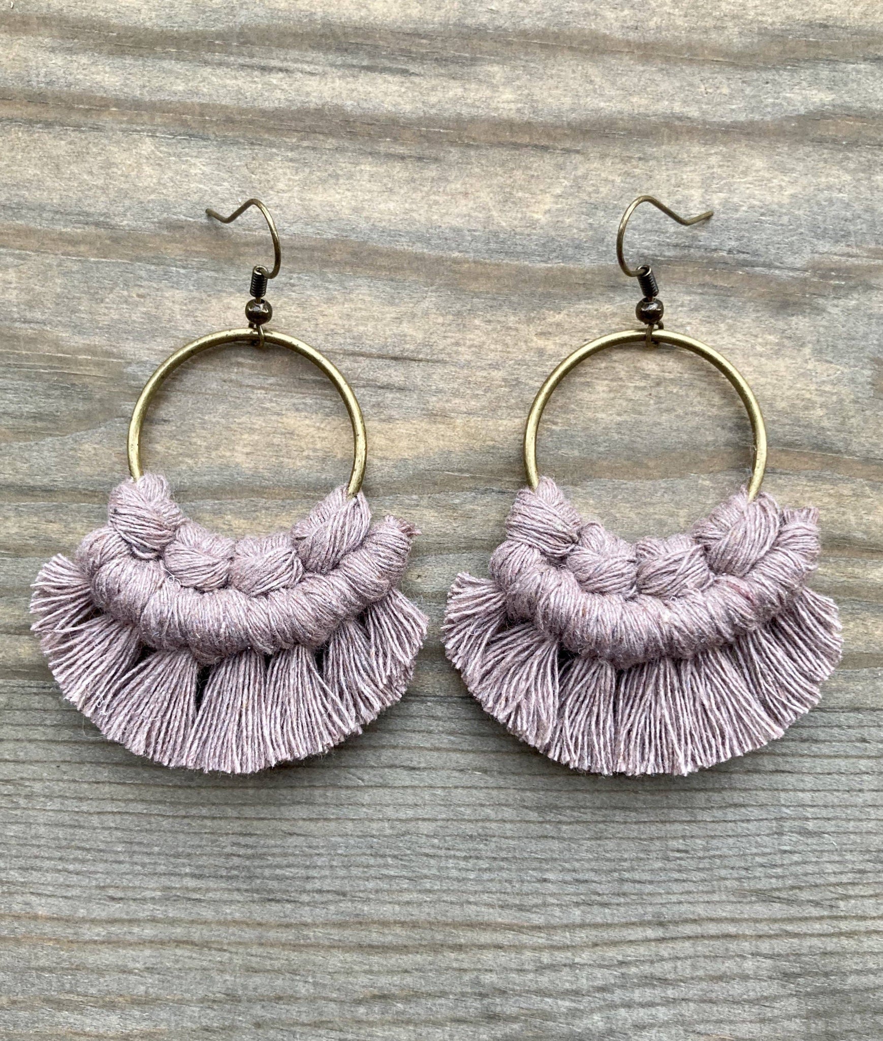HK Macrame Jewelry - Small Round Fringe Earrings - Dusty Mauve & Bronze